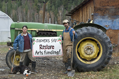 Dragon Mtn farmers speak out against BC arts cuts. Photo: Bill Horne
